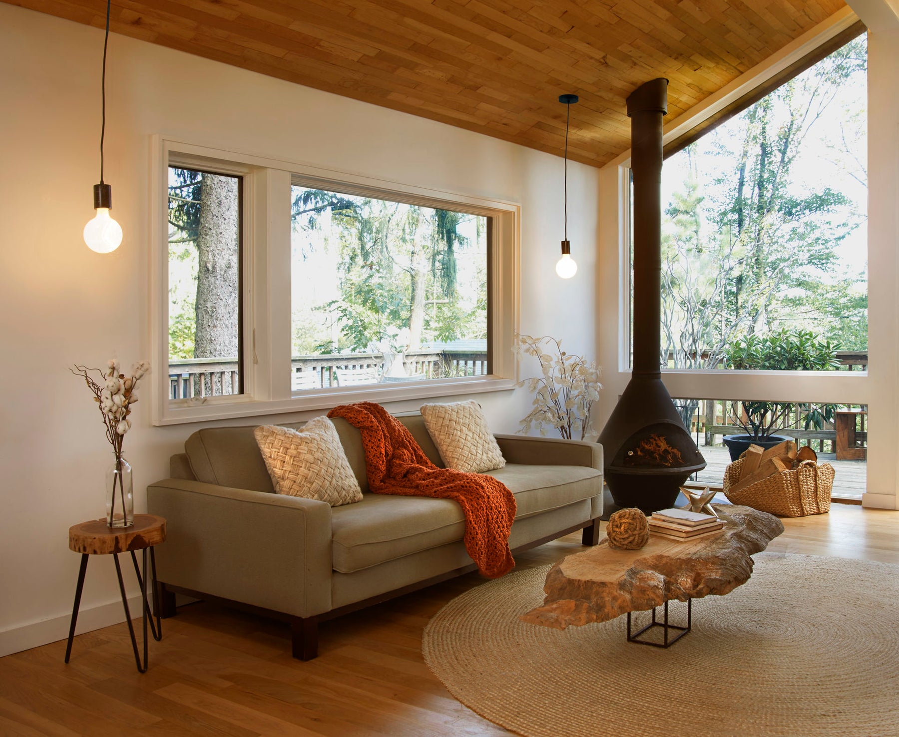 soft white lighting in a living room with a fire place